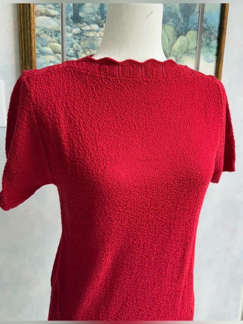 VTG Barry & Me M Red Beautiful Short Sleeve Sweater with Bateau Lace Neckline.